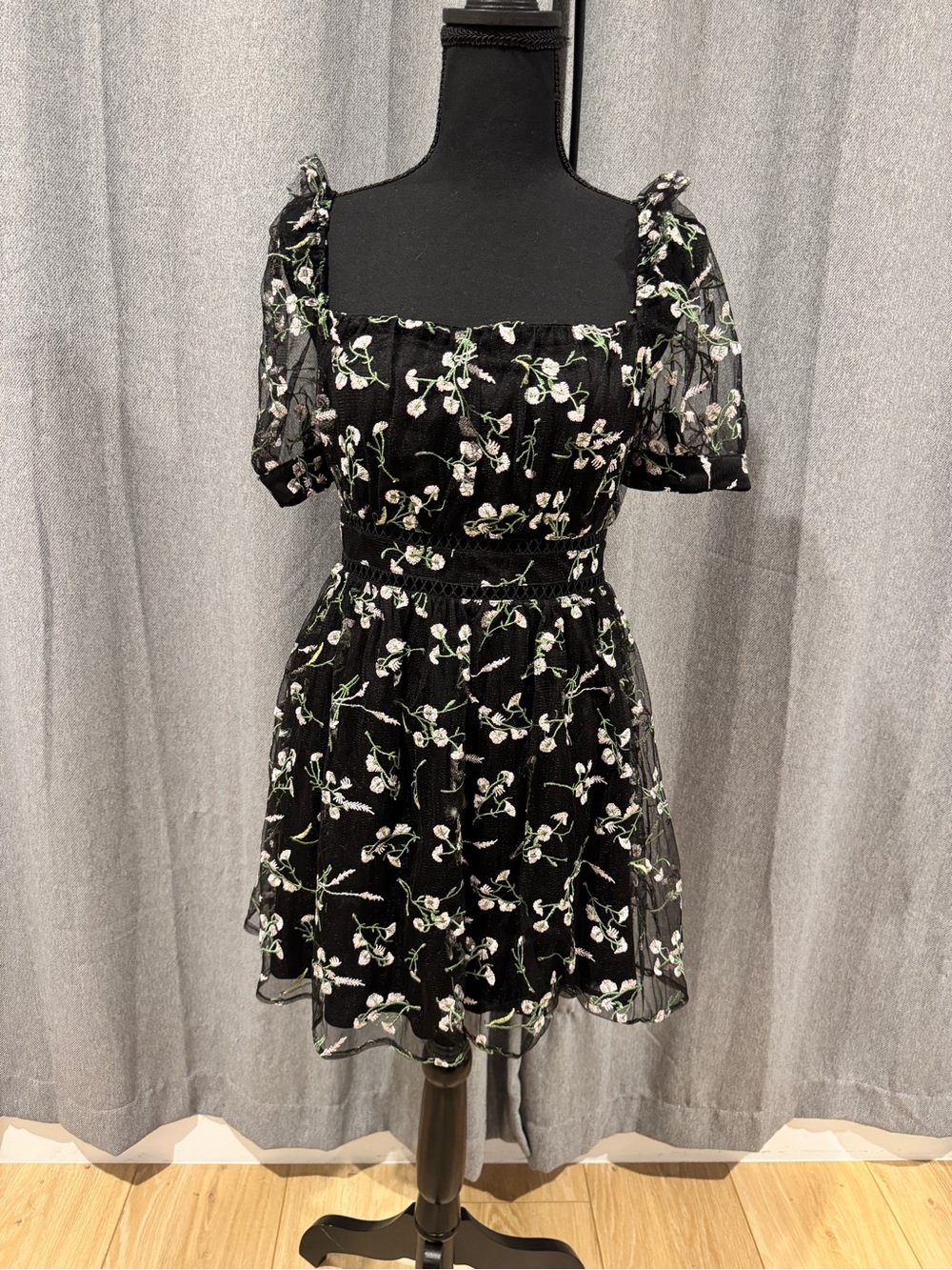 Lulu's Black Mini Dress with White & Green Floral Embroidery